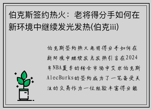 伯克斯签约热火：老将得分手如何在新环境中继续发光发热(伯克iii)